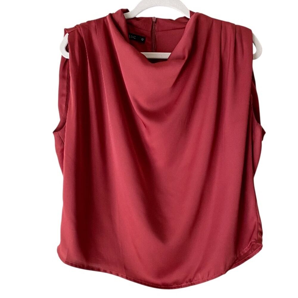Deluc | Satin Sleeveless Cowl Neck Blouse Top Red Maroon Small